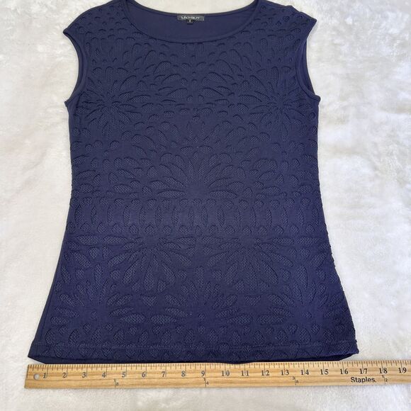 Leo Guy Women's Navy Blue Laser-Cut Cotton Round Neck Cap Sleeve Top Sz 6/8 - Picture 8 of 10